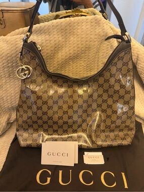 Gucci Brown GG Monogram Coated Canvas Hobo Shoulder Bag with Gold Charm